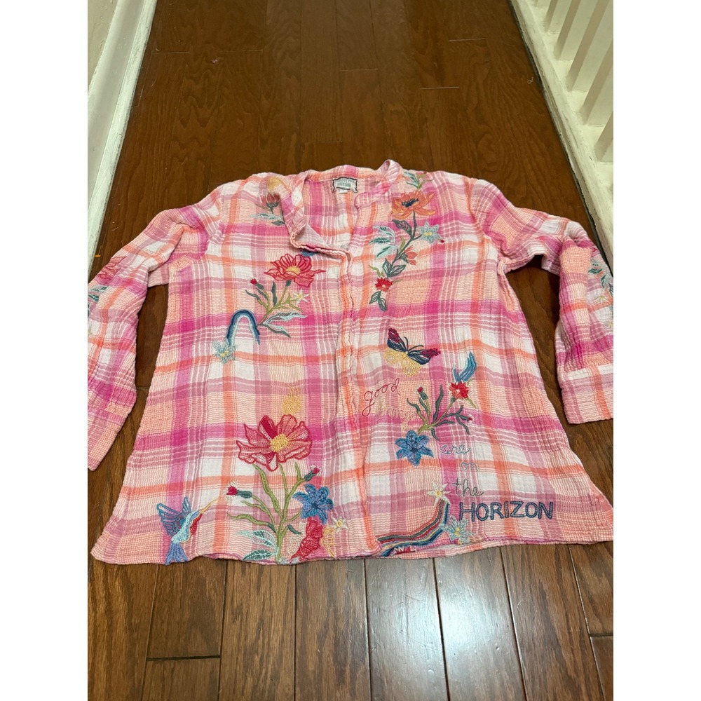 Johnny Was Workshop Pink Plaid Embroidered Jordan Voyager Tunic Small